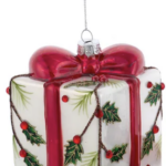 Glass Holly Decorated Present Ornament